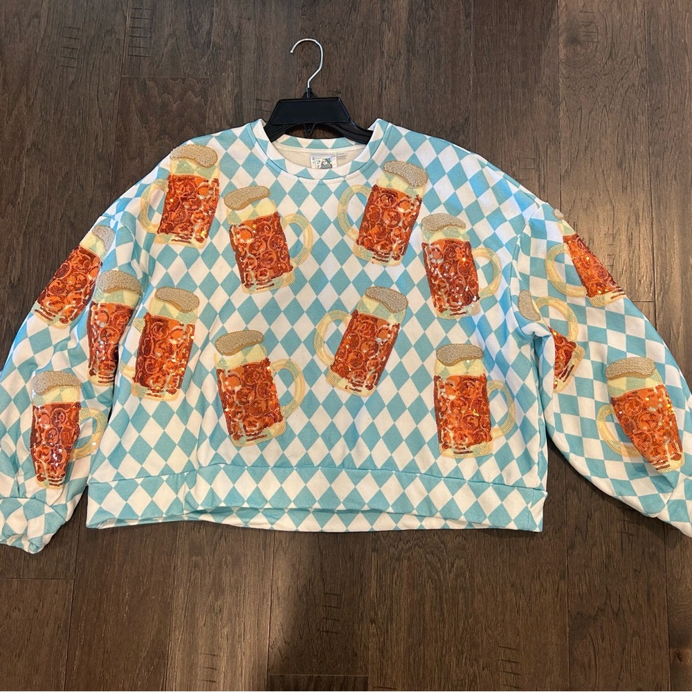 QUEEN OF SPARKLES Blue and White Beer Mug/ Oktoberfest Sweatshirt, Size XS